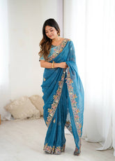 Ravishing Blue Silk Embroidery Work Saree
